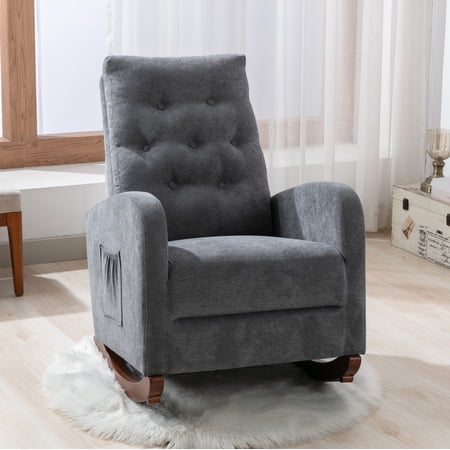 EUROCO High Back Rocking Chair Nursery Chair, Comfortable Rocker Fabric Padded Seat, Modern High Back Armchair, Upholstered Rocking Chair for Living Room,Gray