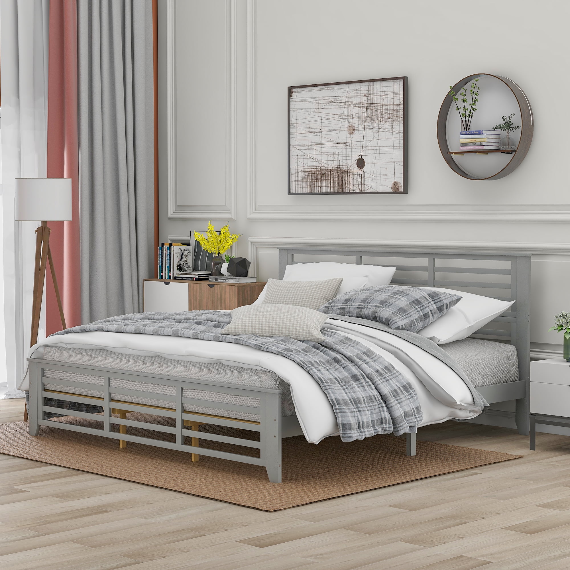 EUROCO King Size Wood Platform Bed with Slatted Shaped Headboard & Footboard, Gray