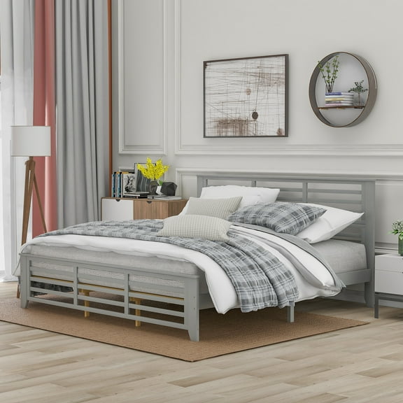 EUROCO King Size Wood Platform Bed with Slatted Shaped Headboard & Footboard, Gray