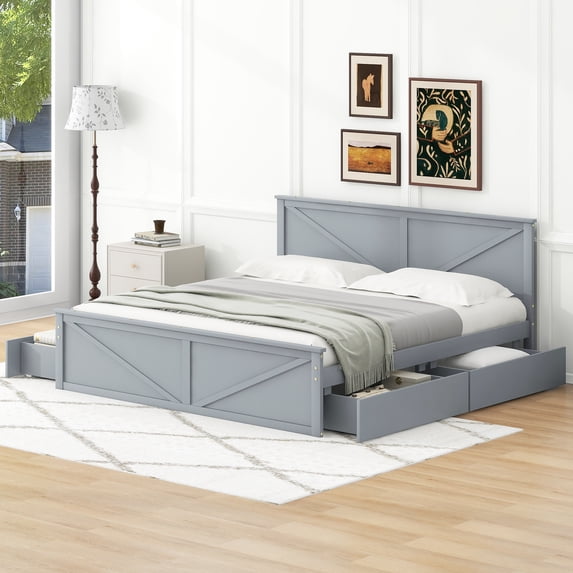 EUROCO King Wooden Platform Bed with Drawers for Living Room, Adults, Gray