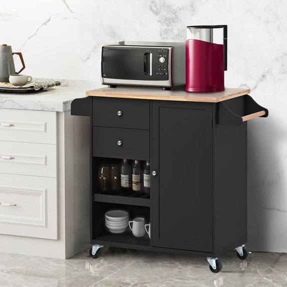 EUROCO Kitchen Islands with Storage, Kitchen Island on Wheels with Solid wood Countertop, 3 Adjustable Shelves, Spice Rack,Towel Rack and 2 Drawers for Kitchen Dining Rooms Living Rooms, Black