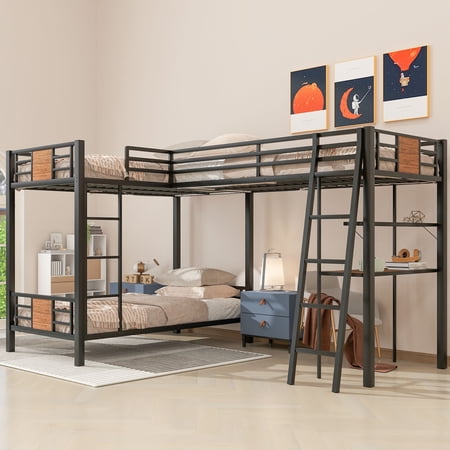 EUROCO L-Shaped Twin over Twin Bunk Bed with Desk and Shelf, Brown
