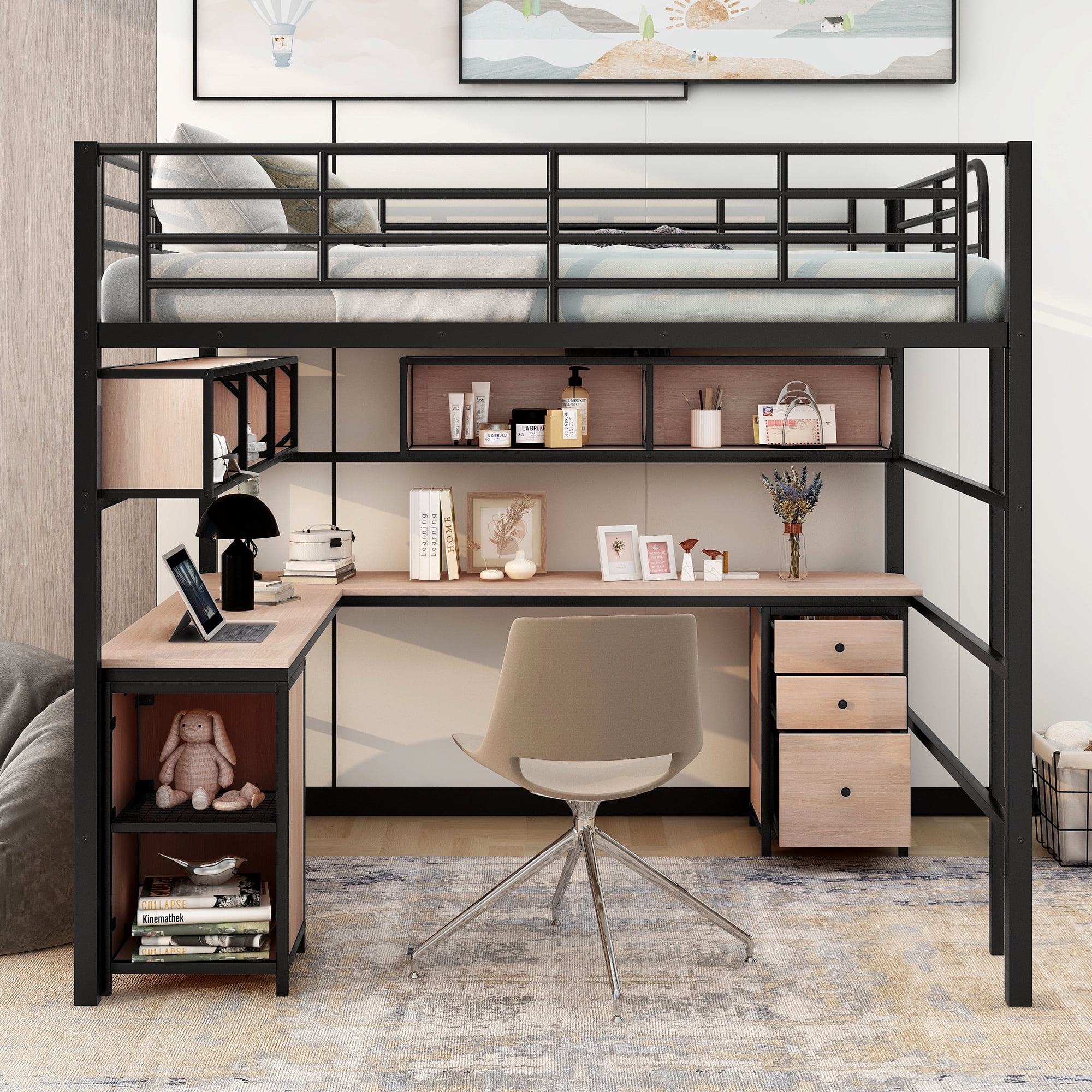 EUROCO Metal Full Size Loft Bed with Desk, Shelf and for Teens