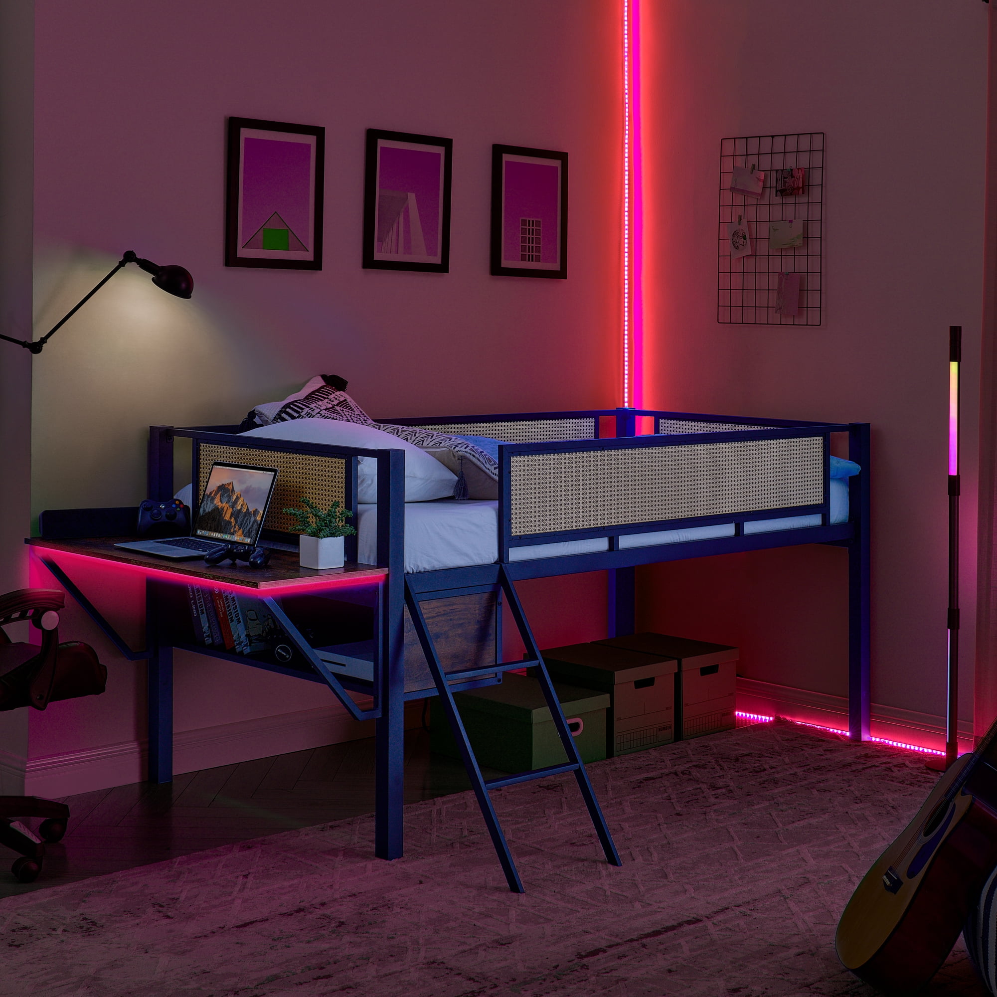 EUROCO Metal Gaming Bed, Rattan Twin Size Loft Bed with Desk, LED Light ...