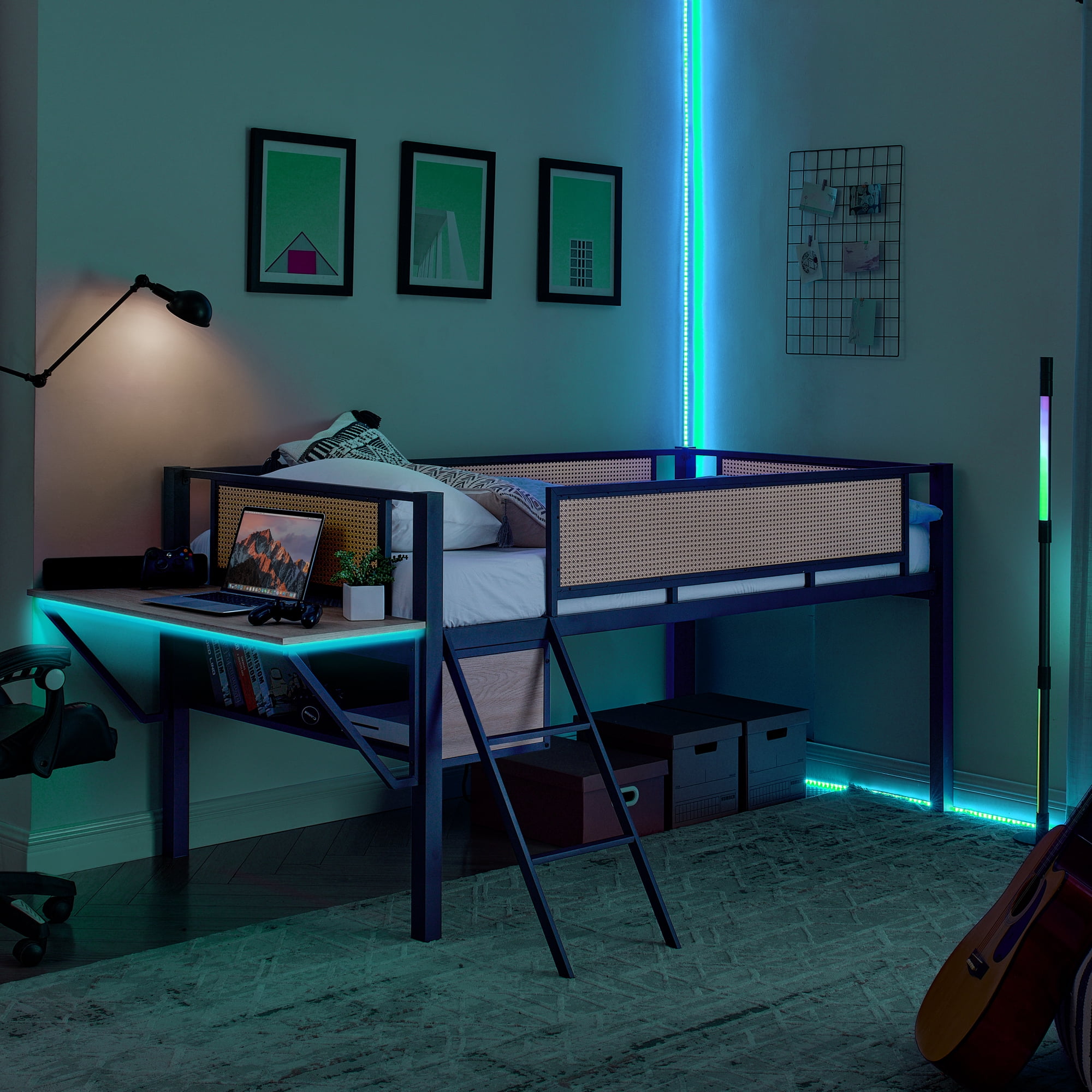 EUROCO Metal Gaming Bed, Rattan Twin Size Loft Bed with Desk, LED Light ...