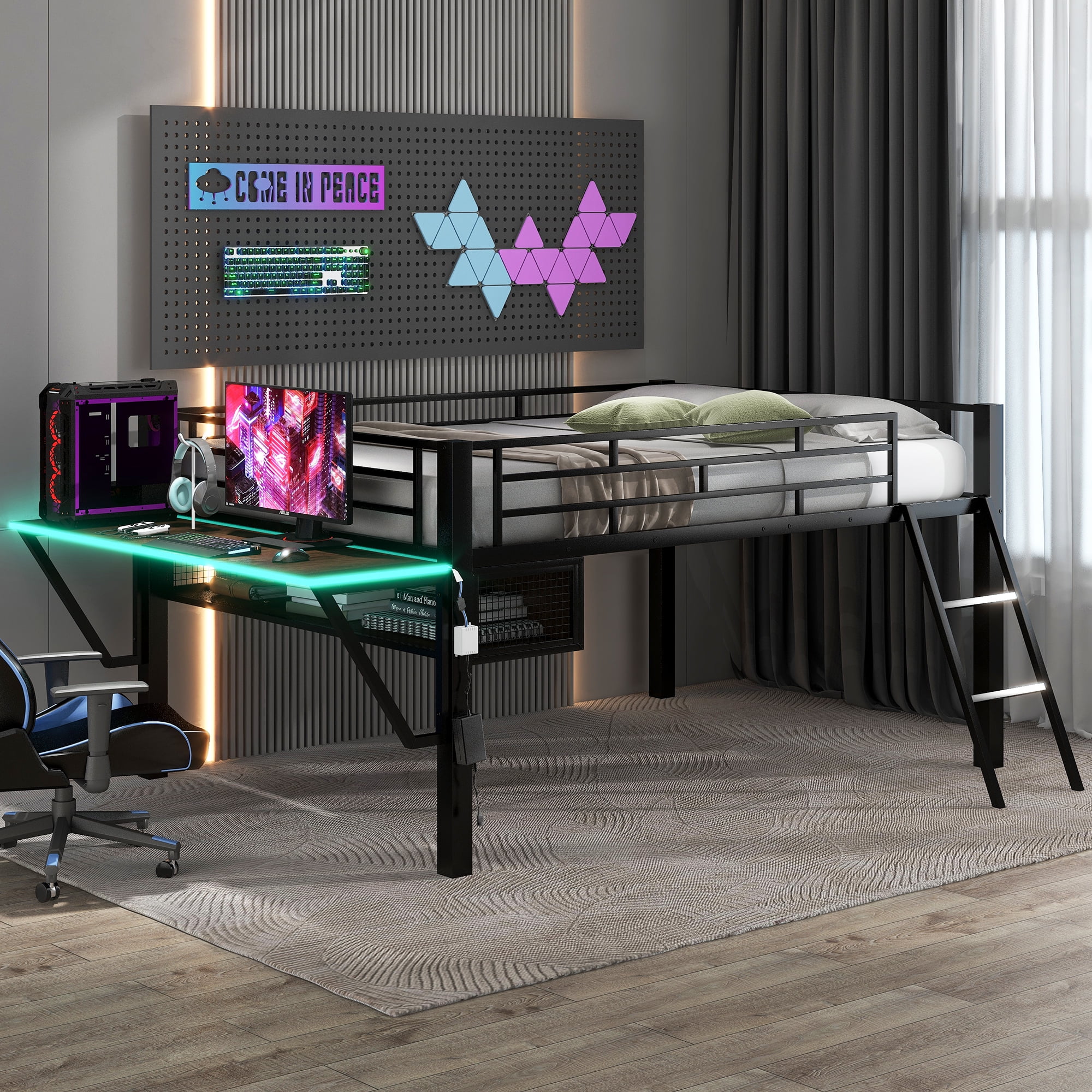 EUROCO Metal Gaming Bed with Desk and LED Light, Full Loft bed for Kids
