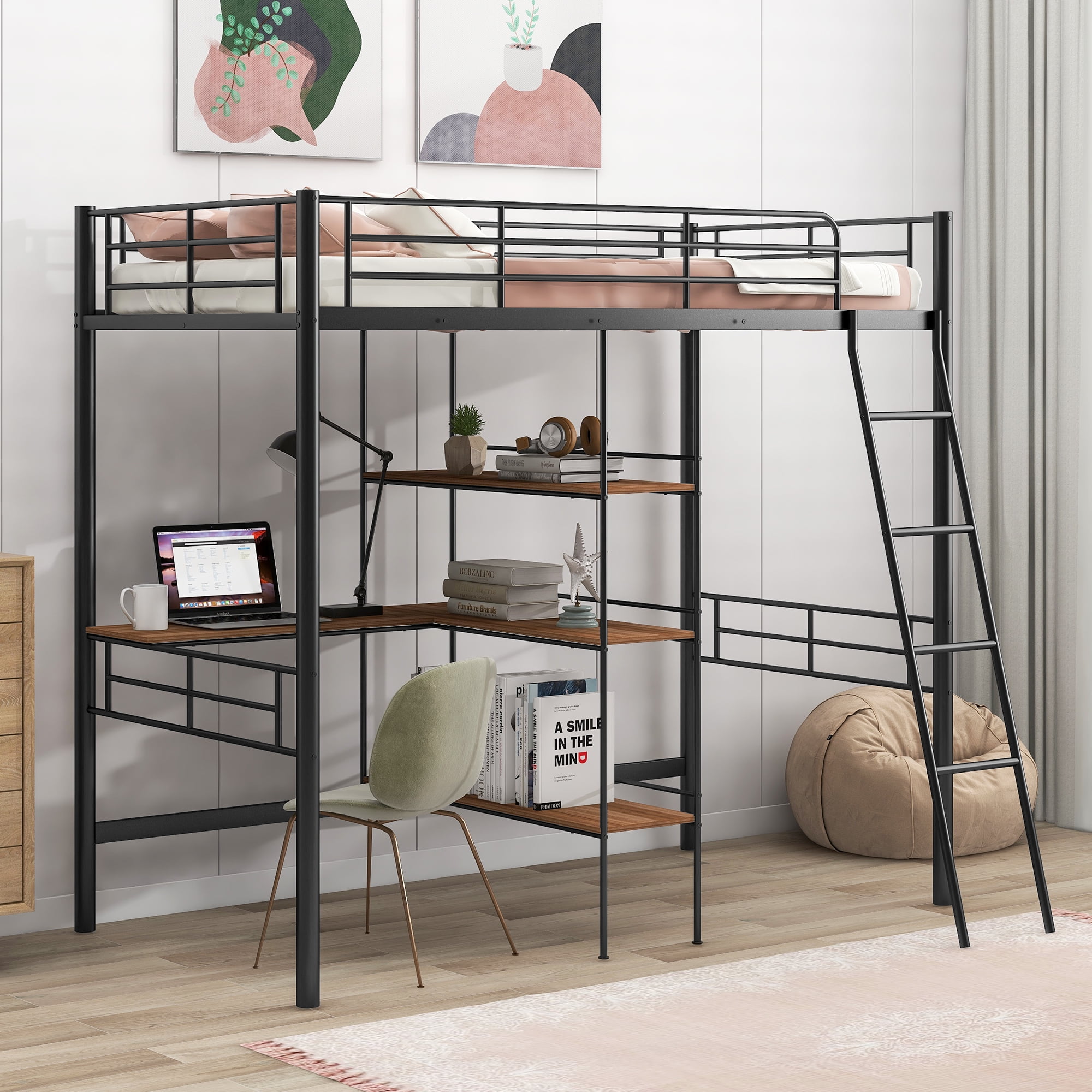 EUROCO Metal Twin Loft Bed with Desk for Child Black