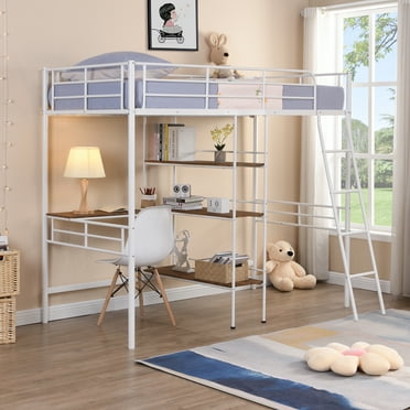 EUROCO Metal Twin Loft Bed with Desk for Kids, White