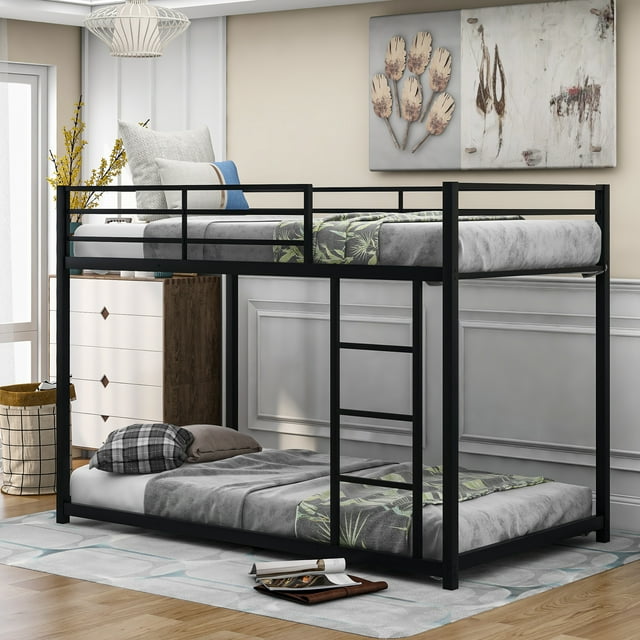 EUROCO Metal Twin over Twin Low Bunk Bed, Low Profile Bunk with Ladder