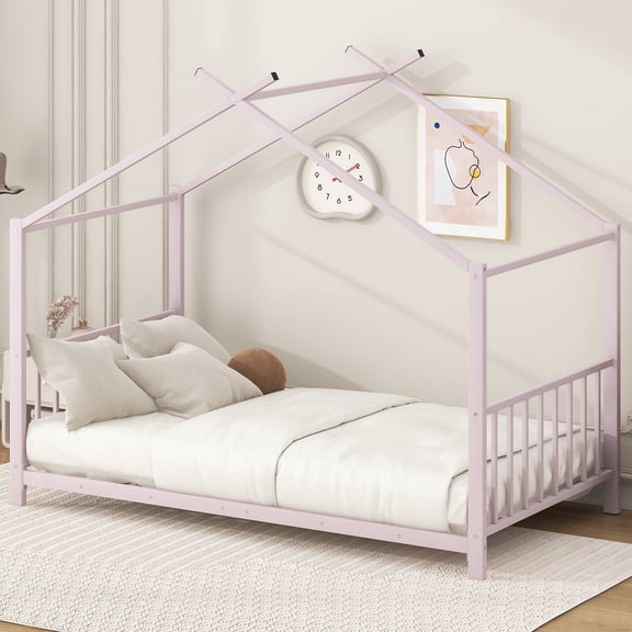 EUROCO Metal Twin Size House Bed for Bedroom, Pink