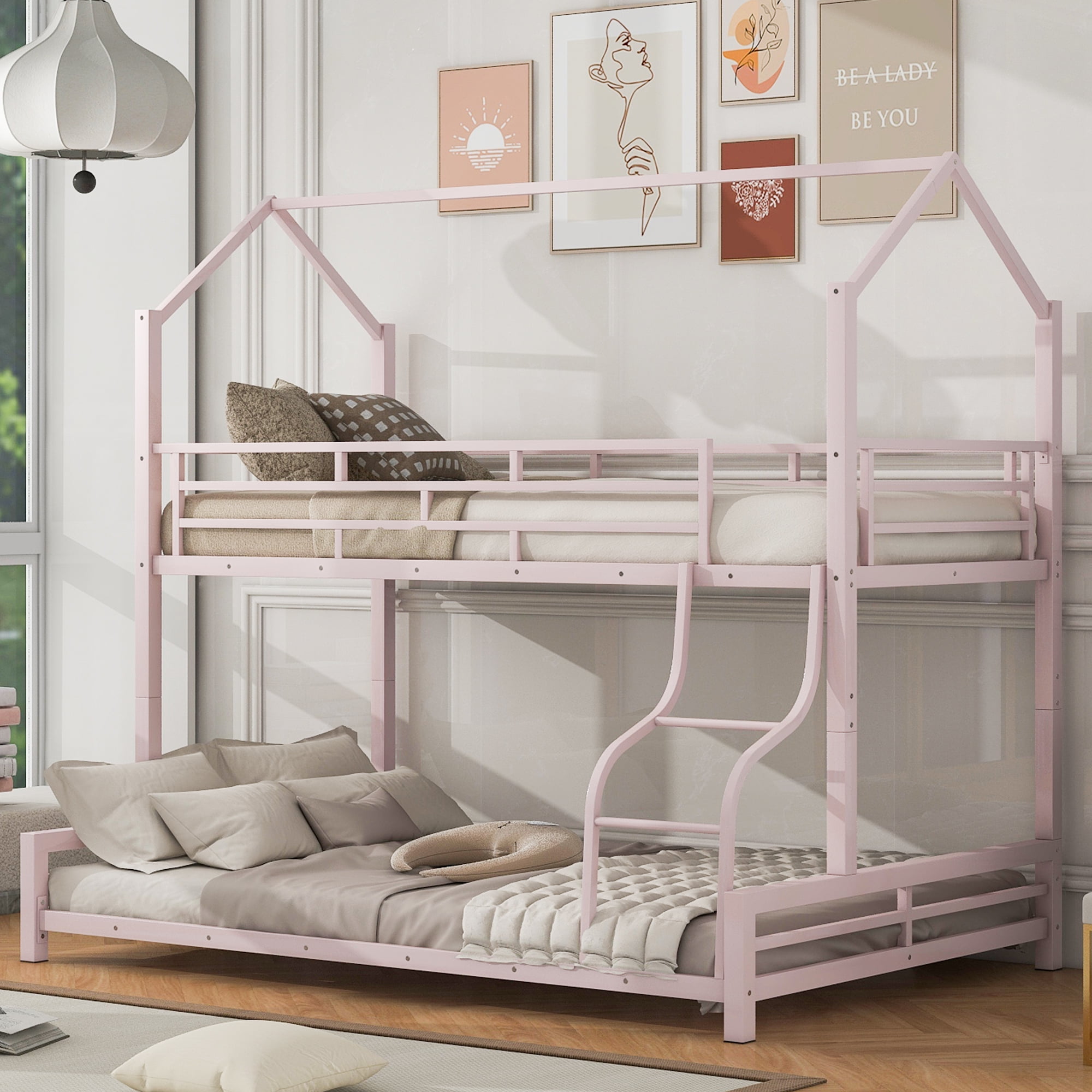 Pink Metal Twin Over Full House Bunk Bed with Slats