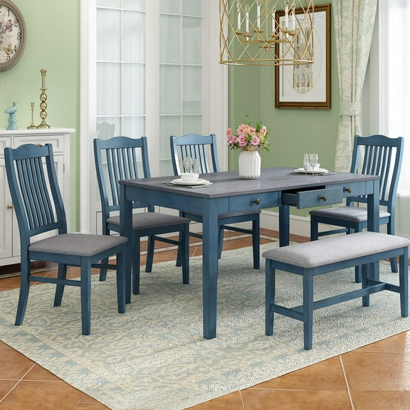 EUROCO Mid-Century 6 Piece Kitchen Dining Table and Chair Set,60” Dining Room Table Set with Solid Wood 3-Drawer Table,4 Fabric Chairs and 1 Fabric Bench,Rectangle Dining Table Set for 6