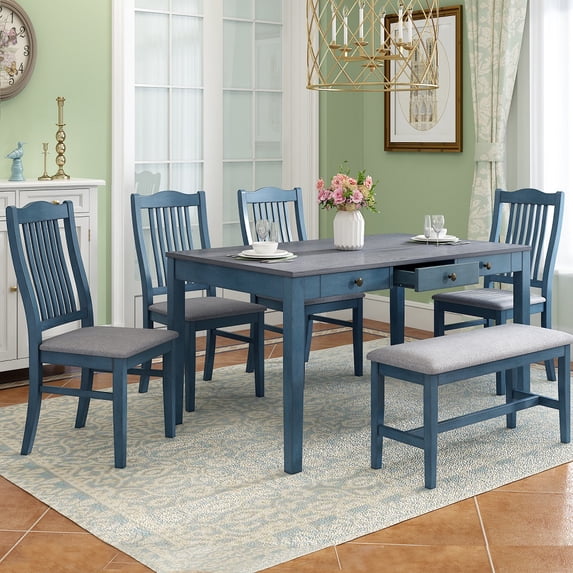 EUROCO Mid-Century 6 Piece Kitchen Dining Table and Chair Set,60” Dining Room Table Set with Solid Wood 3-Drawer Table,4 Fabric Chairs and 1 Fabric Bench,Rectangle Dining Table Set for 6