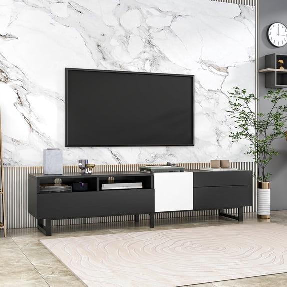EUROCO Mid-Century Modern TV Stand Up to 80" Contemporary Rectangle ,Unique Style TV Console Table with Drop Down Door & Large Storage Cabinet for Living Room Bedroom