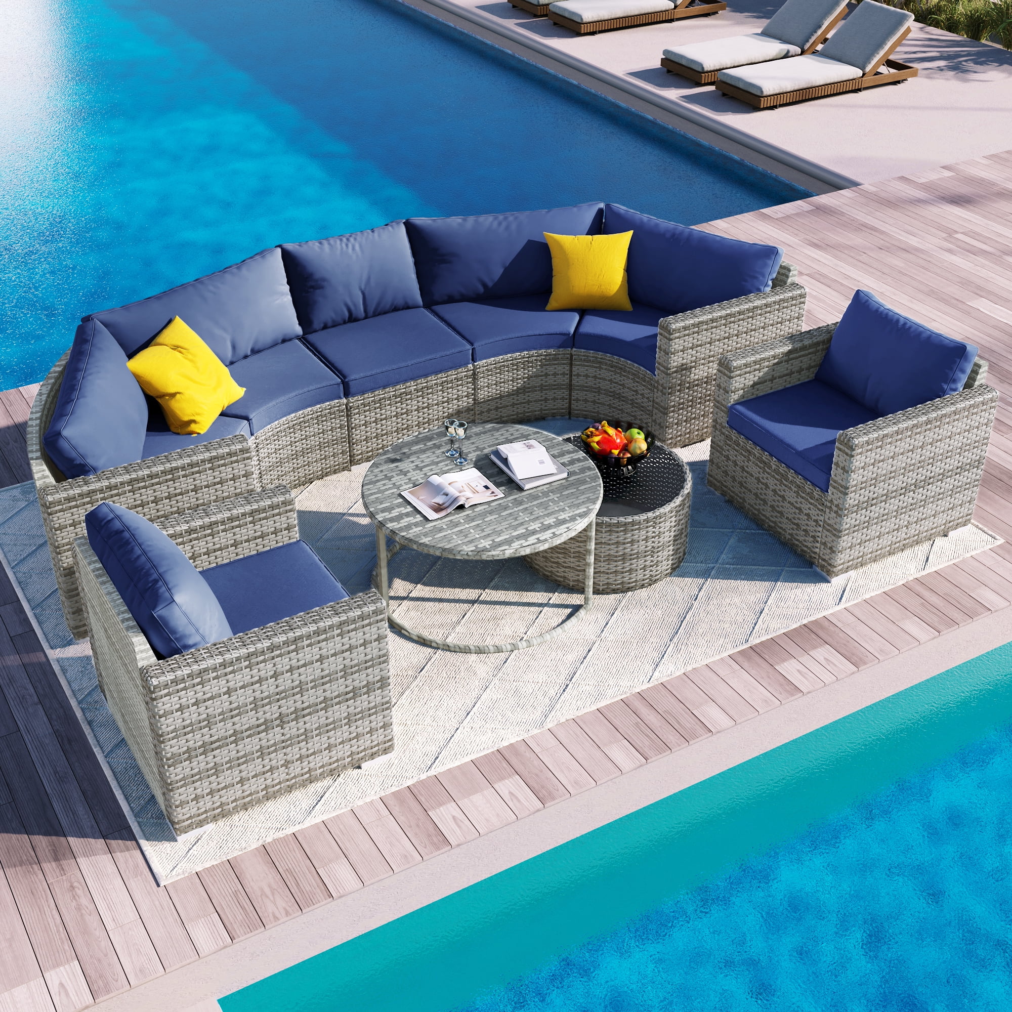 EUROCO Modern 9Pieces Halfmoon Patio Sectional Sofa Set, Wicker