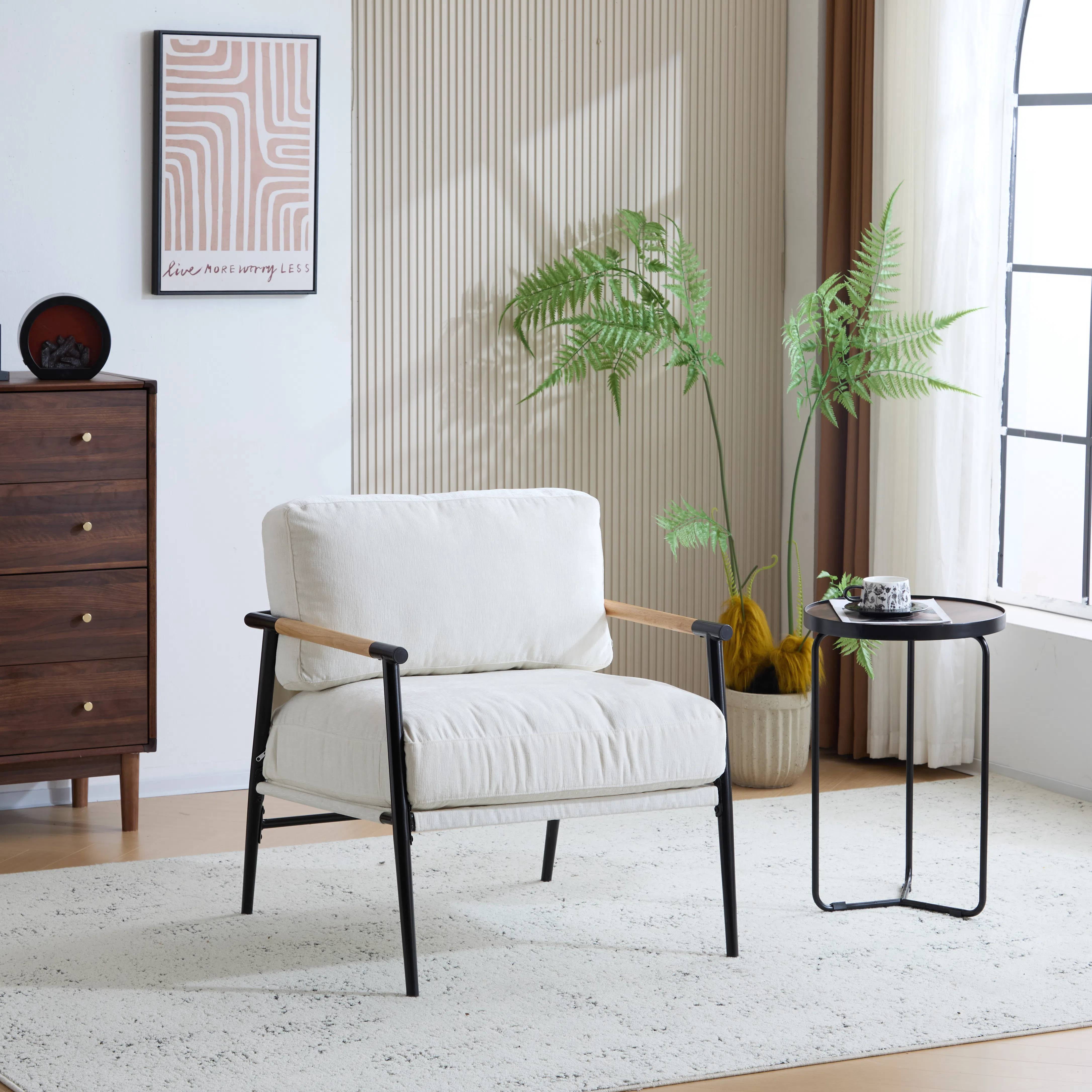 EUROCO 26"W Modern Accent Chair,Upholstered Modern Lounge Arm Chair with Plush Cushions, Minimalist Metal Frame and Wooden Armrest Design,Reading Leisure Chair for Living Room,Waiting Room,White
