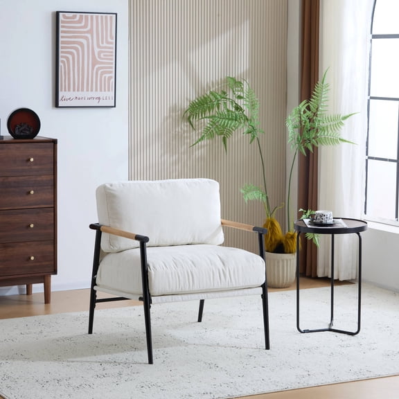 EUROCO 26"W Modern Accent Chair,Upholstered Modern Lounge Arm Chair with Plush Cushions, Minimalist Metal Frame and Wooden Armrest Design,Reading Leisure Chair for Living Room,Waiting Room,White