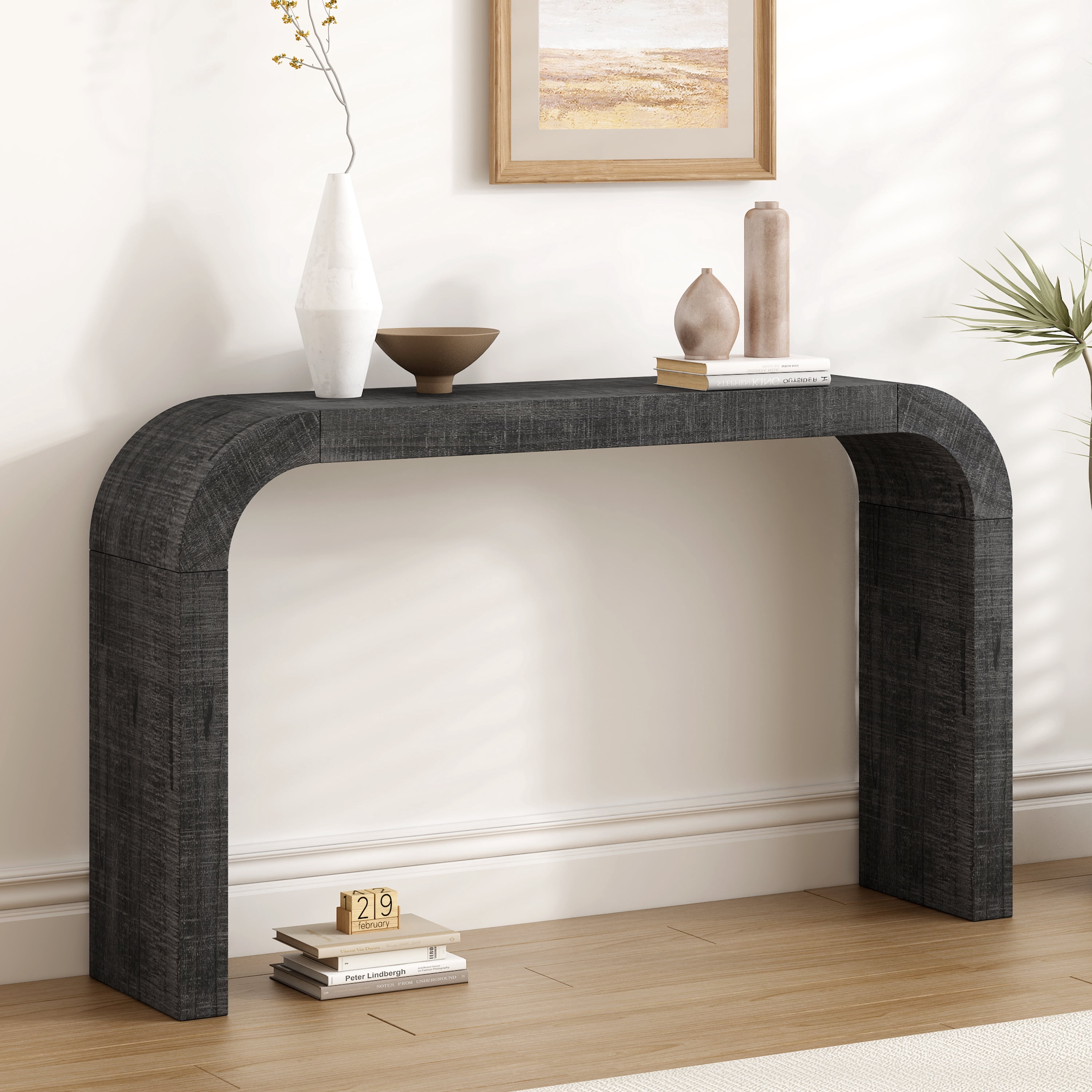 EUROCO Modern Console Table,52" Wood Entryway Table with Curved Edge & Natural Texture,Sofa Table for Living Room,Black