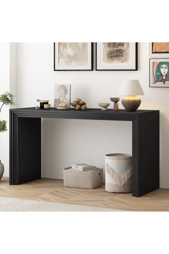 Modern Console Table,59.2" Long Narrow Sofa Table Behind The Couch,Paulownia Solid Wood Veneer Rectangular Entryway Table for Entrance, Hallway, Living Room, Black