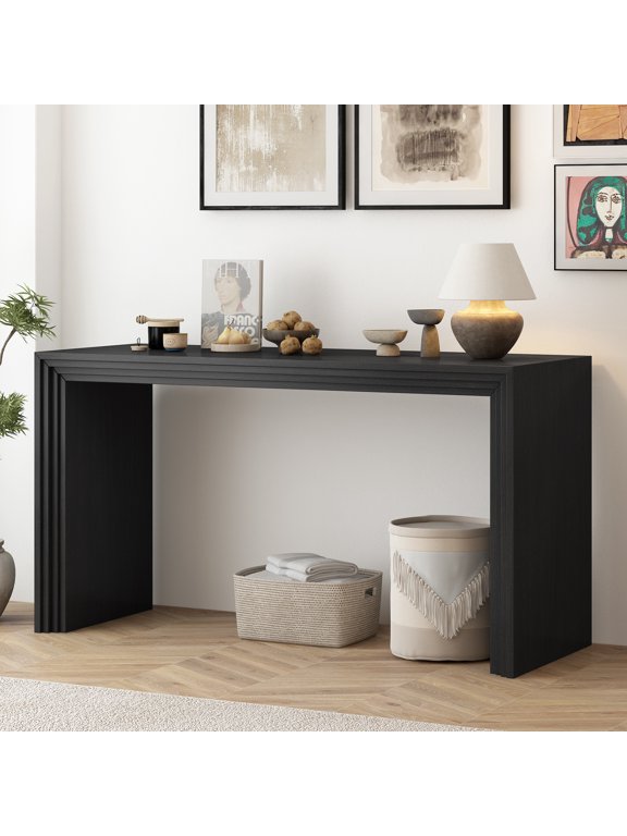 Modern Console Table,59.2" Long Narrow Sofa Table Behind The Couch,Paulownia Solid Wood Veneer Rectangular Entryway Table for Entrance, Hallway, Living Room, Black