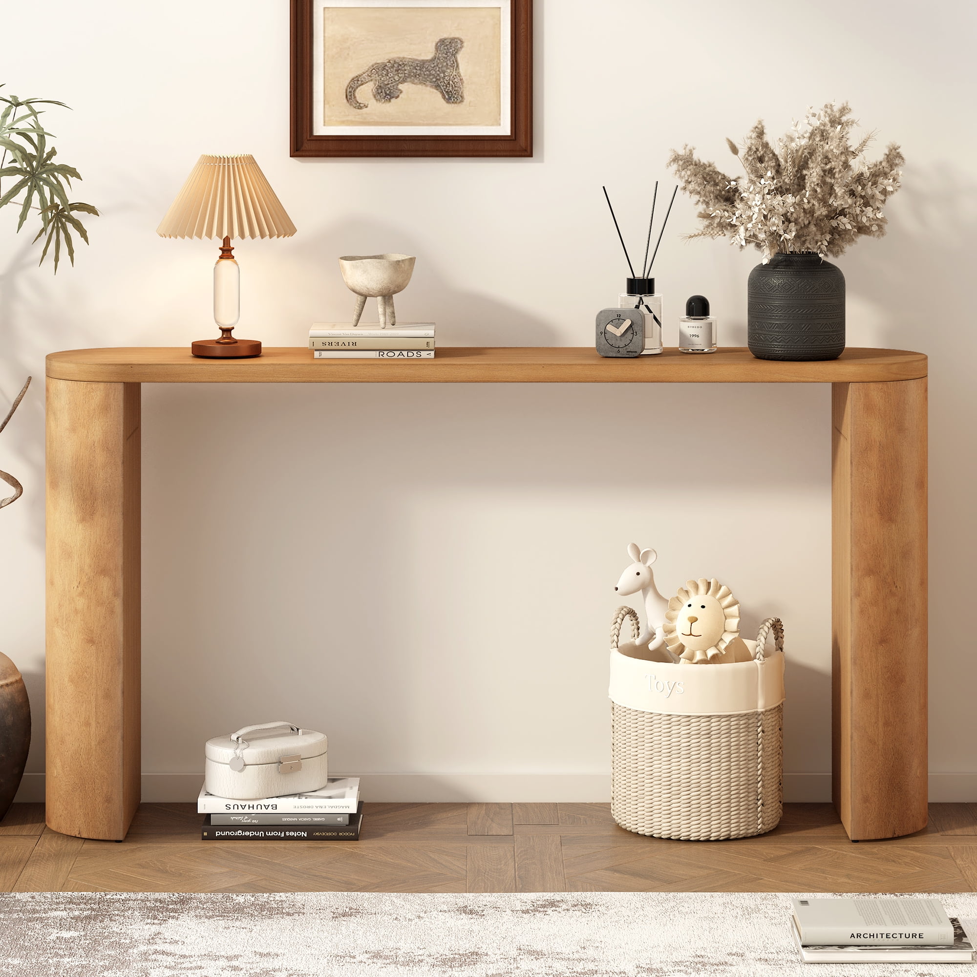 EUROCO Modern Console Table,59.6" Long Wood Entryway Table Porch Table with Semi-Cylindrical Leg,Narrow Long Sofa Table for Entrance,Living Room,Foyer, Hallway,Natural