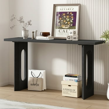 EUROCO Modern Console Table with Round Hollow Legs ,59.2" Long Narrow Sofa Table Behind The Couch, Fraxinus Mandschuric Solid Wood Veneer Entryway Table for Entrance, Hallway, Living Room,Black