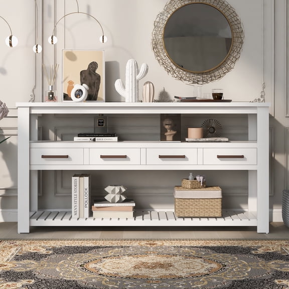 Euroco 61.5" Large Console Table,Modern Wood Entryway Table Sofa Table with 3-Tier Open Shelves & 4 Drawers for Living Room,Hallway,Foyer,White