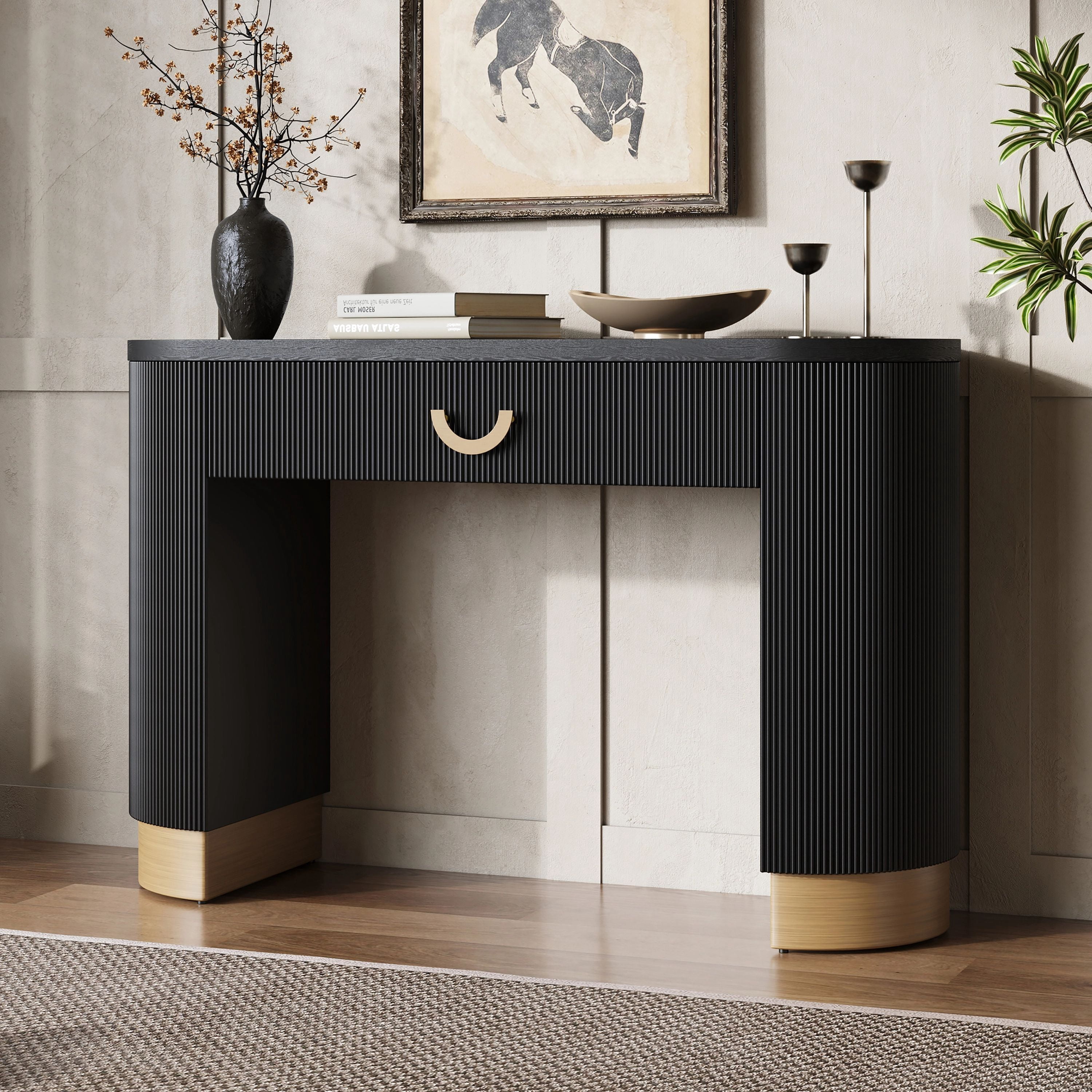 EUROCO Modern Console Table with Storage Drawer & Vertical Ribbed Design,Wood Sofa Table Entryway Table for Living Room,Black