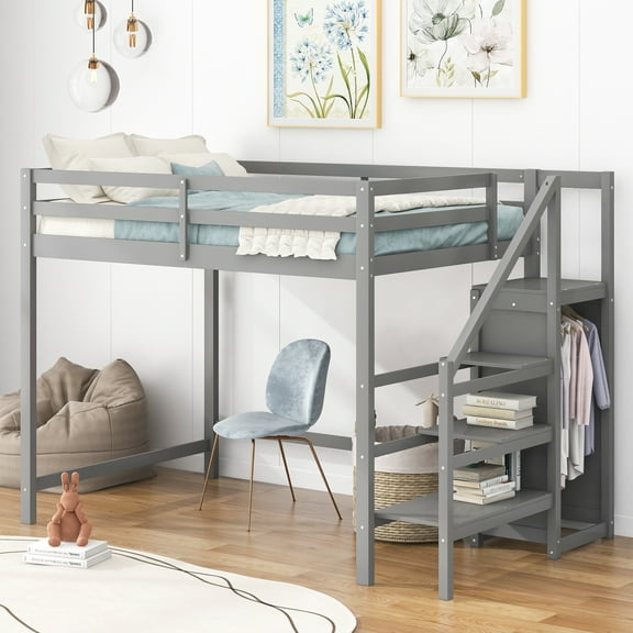 EUROCO Modern Full Size Loft Bed with Storage Wardrobe and Shelf for Kids Teens, Gray
