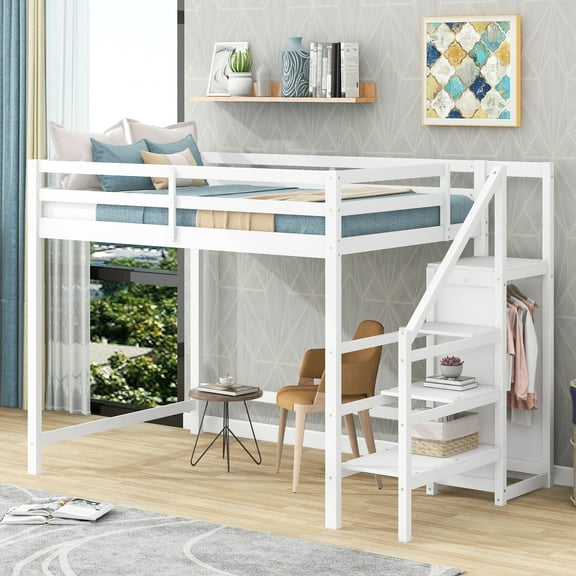 EUROCO Modern Full Size Loft Bed with Storage Wardrobe and Shelf for Kids Teens, White