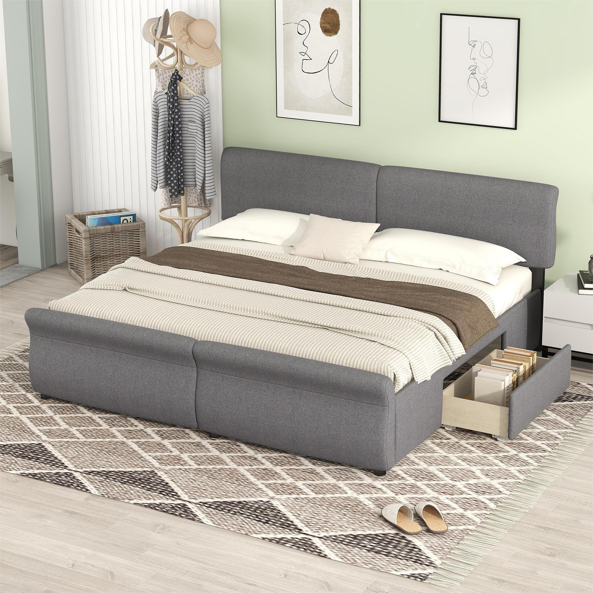 EUROCO Modern King Size Upholstery Platform Bed with Two Drawers for Kids Teen Adults, Upholstery Headboard, Gray - image 1 of 16