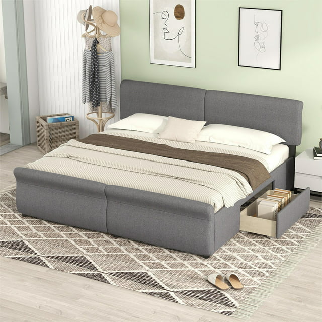 EUROCO Modern King Size Upholstery Platform Bed with Two Drawers for Kids Teen Adults, Upholstery Headboard, Gray