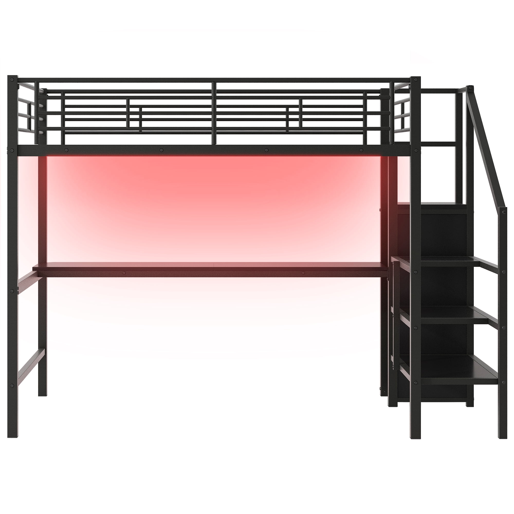 EUROCO Modern Metal Full Size Loft Bed with Wardrobe, Shelf and Desk with LED Light, Storage Staircase for Kids Teens, Black