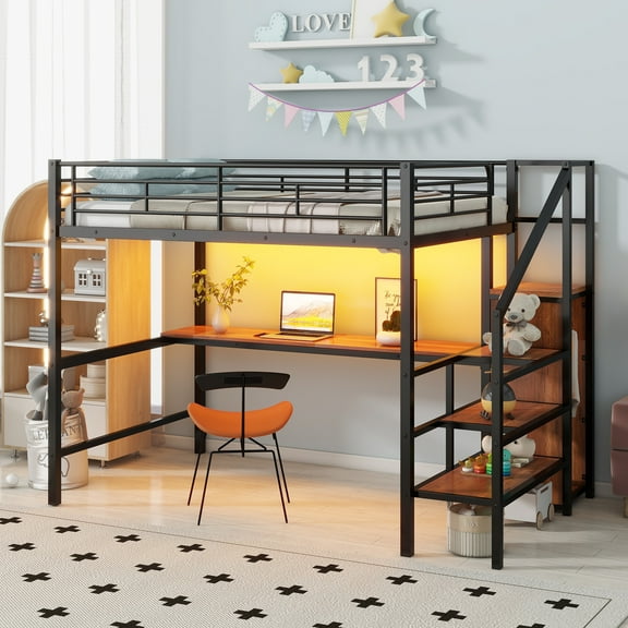 EUROCO Modern Metal Full Size Loft Bed with Wardrobe, Shelf and Desk with LED Light, Storage Staircase for Kids Teens, Black