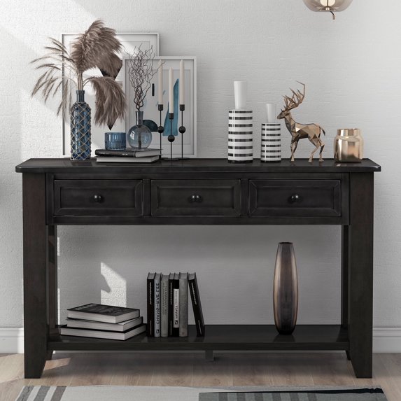 EUROCO Modern Sofa Console Table, Storage Foyer Table Cabinet with Bottom Open Shelf,3 Drawers, pine wood, and 4 solid legs for Living Room Entryway,Black