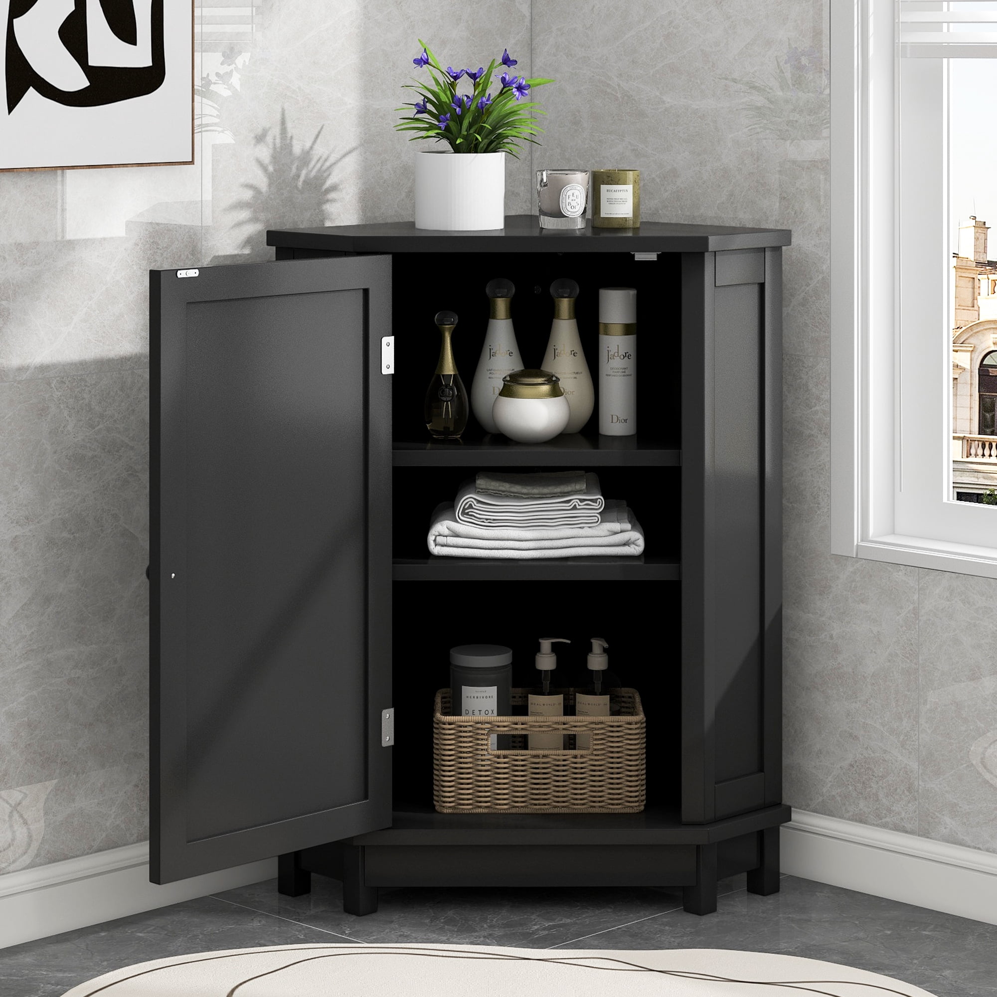 EUROCO Modern Triangle Bathroom Storage Cabinet,Freestanding Floor Corner Storage Cabinet with 1 Door & Adjustable Shelf for Bathroom Living Room Kitchen,Black