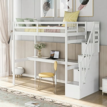 EUROCO Modern Twin Size Loft Bed with Storage Staircase and Built-in Desk, White