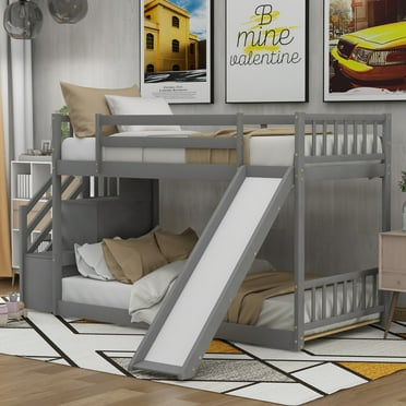 EUROCO Modern Wood Twin over Twin Bunk Bed with Slide and Staircase, Low Profile Bunk Bed with Storage,Gray