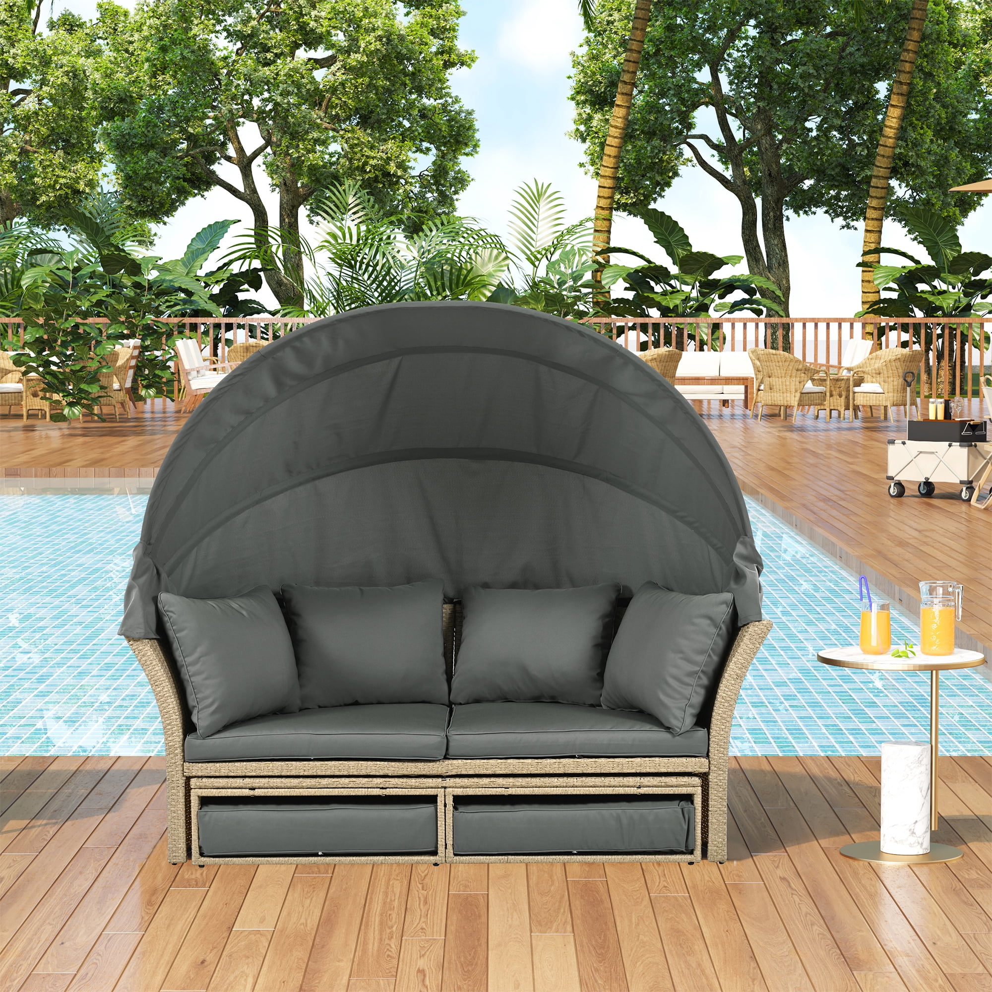 Outdoor Rocking Daybed EUROCO Outdoor Patio Daybed, Outdoor Wicker Rattan Double Daybed Round ...