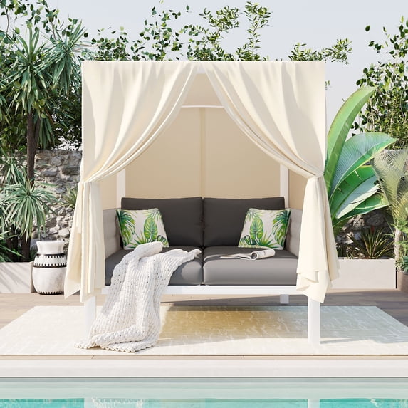 EUROCO Outdoor Patio Daybed,Rubber Core Rope Weaving Sunbed Daybed with Resilience,Four-sided Canopy ,Double Chaise Lounge Suitable for Backyard Garden Poolside,Gray