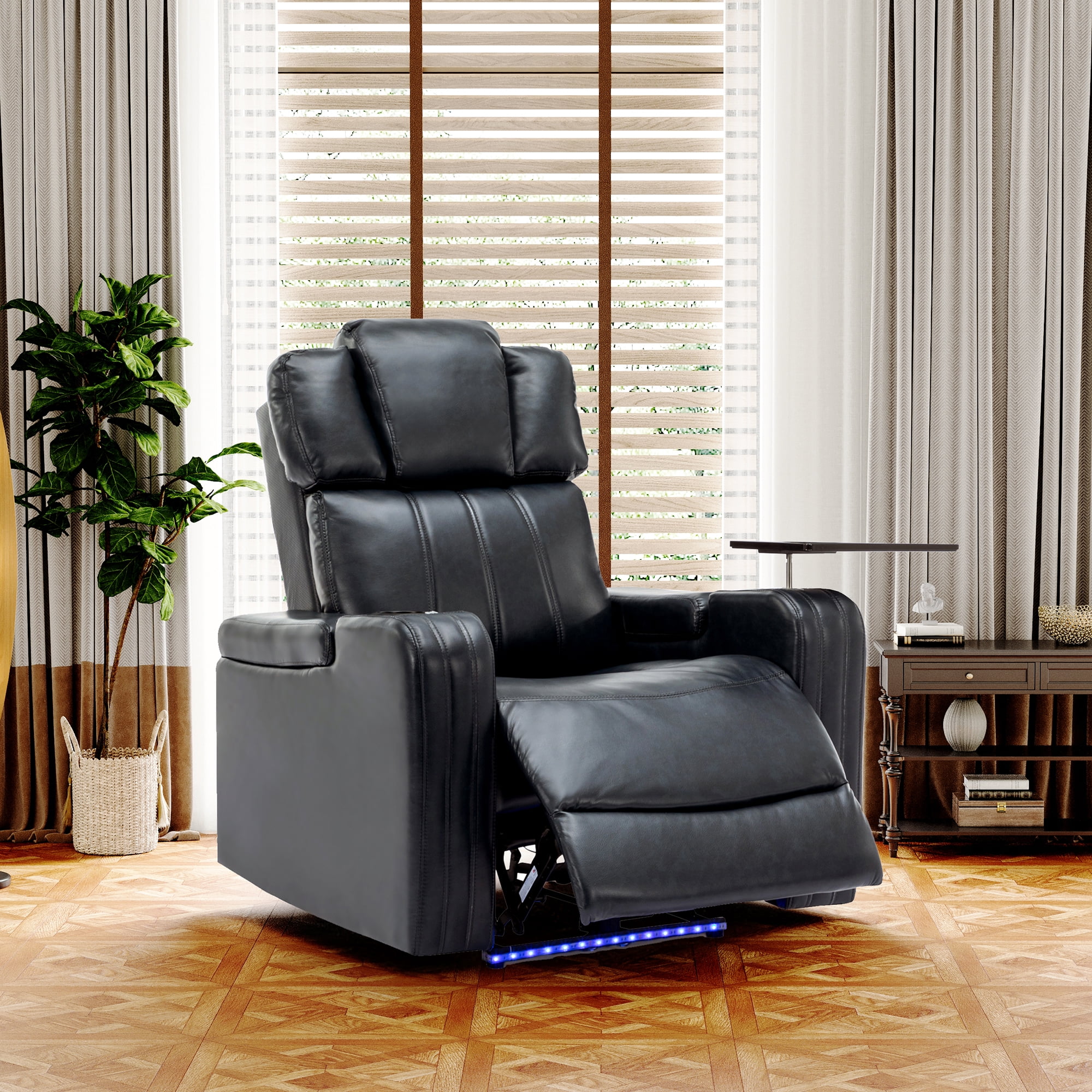 EUROCO PU Leather Home Theater Recliner,Power Recliner Adjustable Recliner with Bluetooth Speaker ,USB Ports, Tray Table, Arm Storage, footrest, Cup Holder and LED Lights, Black