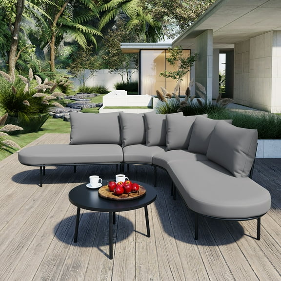 EUROCO Patio Half- Moon Curved Outdoor Furniture Sofa Set with Coffee Table, All Weather Iron Frame Outdoor Indoor Conversation Set for 6 People, Padded Seats and Backrest Cushions for Garden, Gray