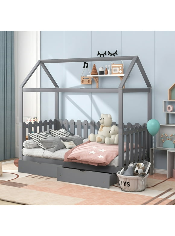 EUROCO Pine Wood Twin Size House Bed with Drawers for Kids, Rustic Style, Gray