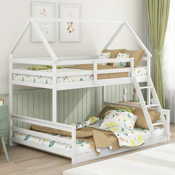 EUROCO Pine Wood Twin over Full Bunk Bed, House-Shaped for Kids Teens Bedroom, White