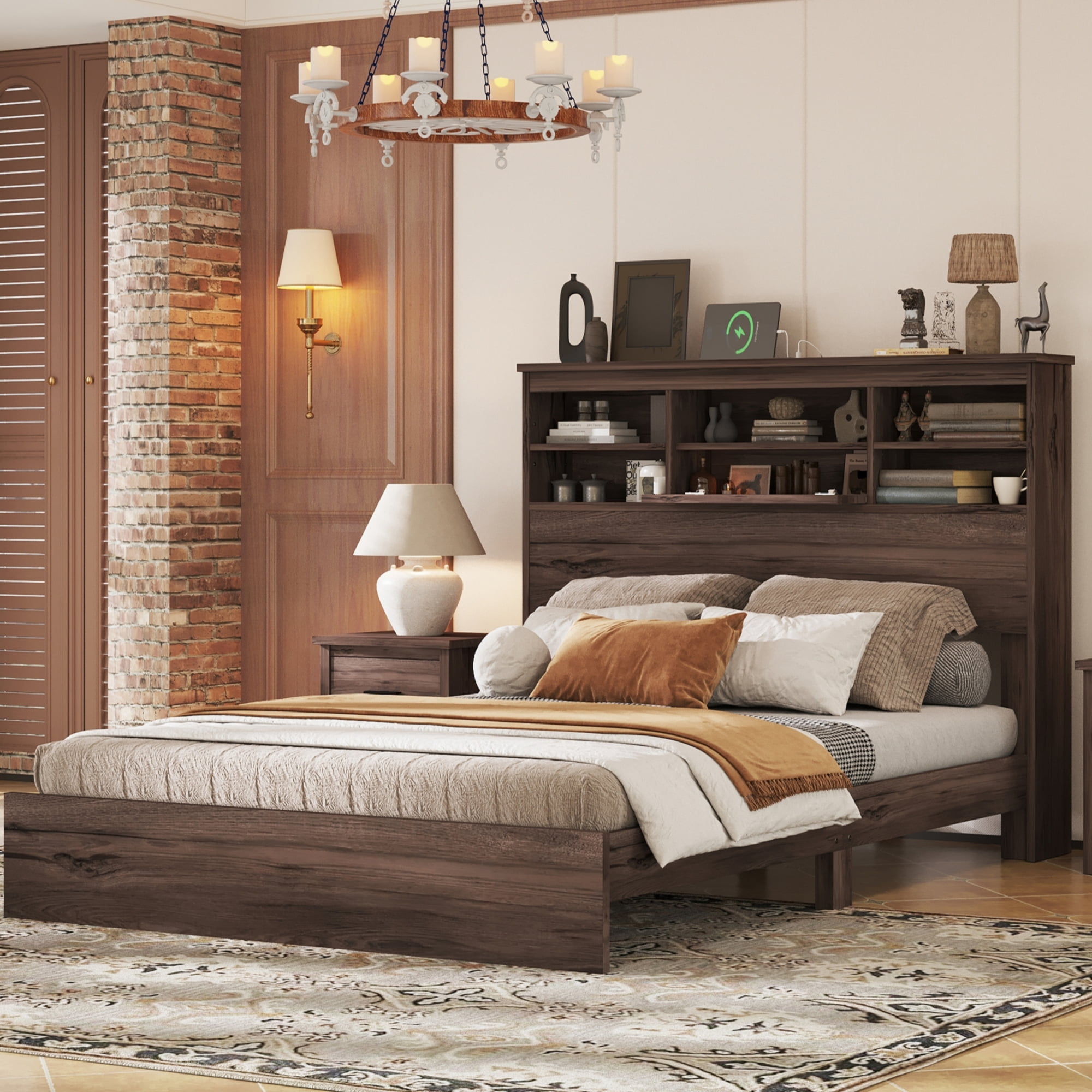 EUROCO Queen Size Platform Bed with Storage Headboard and USB Charging ...