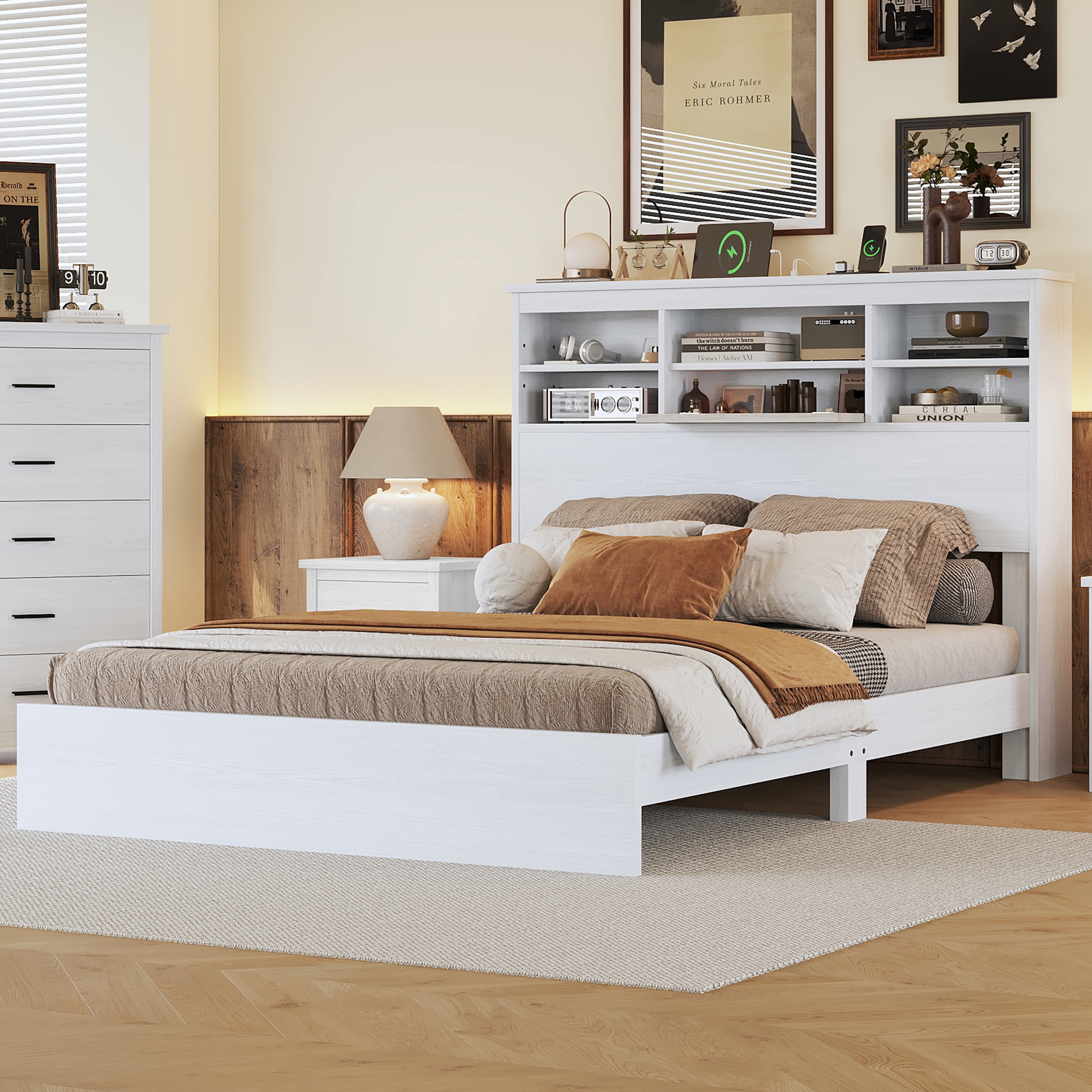 EUROCO Queen Size Platform Bed with Storage Headboard and USB Charging Station, Solid Wood Frame for Kids Adults, White
