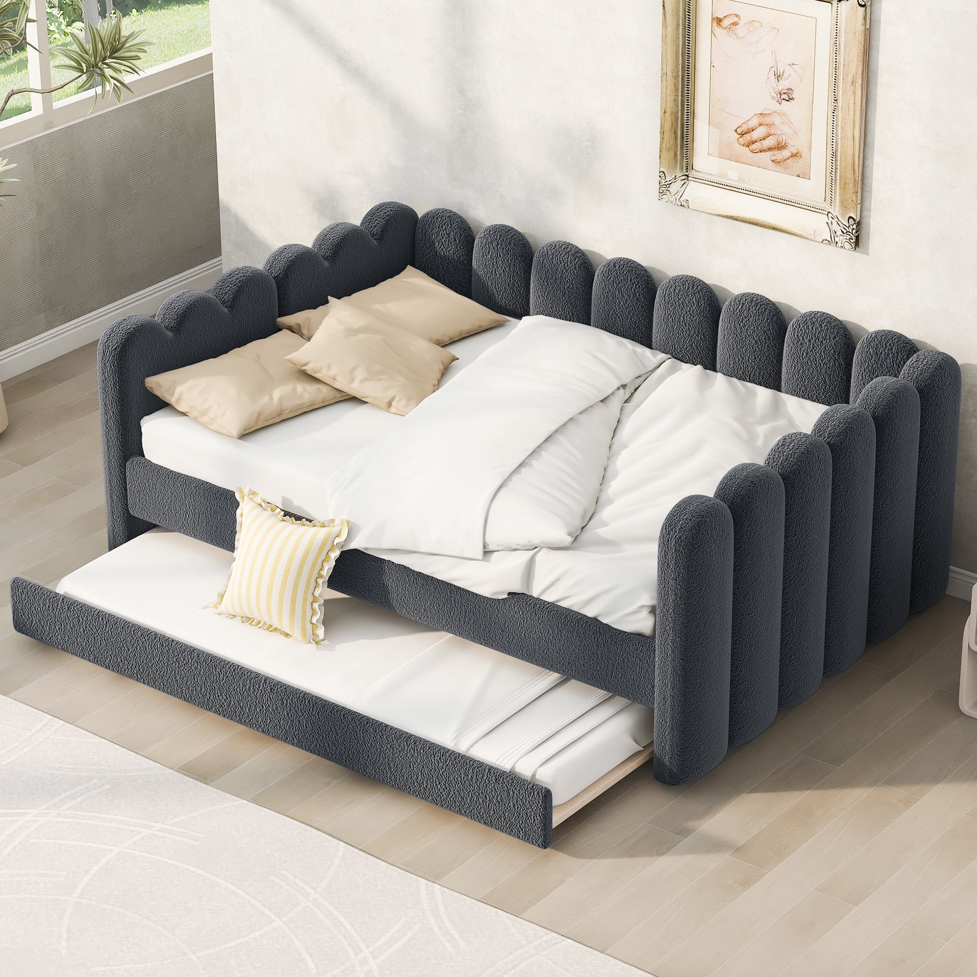 EUROCO Queen Size Upholstered Daybed with Twin Trundle, No Box Spring Needed, Velvet Sofa Bed for Guest Room/Living Room, Gray
