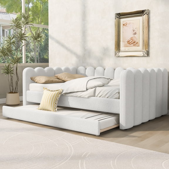 EUROCO Queen Size Upholstered Daybed with Twin Trundle, No Box Spring Needed, Velvet Sofa Bed for Guest Room/Living Room, White