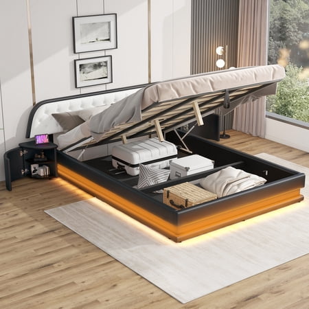 EUROCO Queen Size Upholstery Platform Bed with Easy Lift up Underbed Storage and 2 Nightstand, USB Charging and LED Light, Black