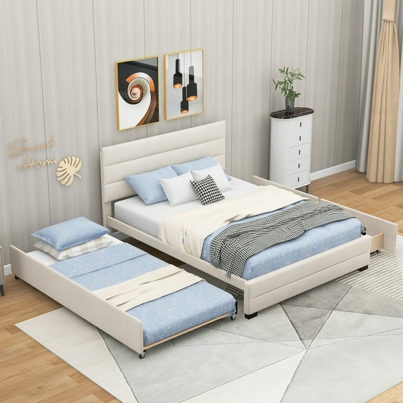EUROCO Queen Size Upholstery Platform Bed with Storage Trundle and Two Drawers, Beige